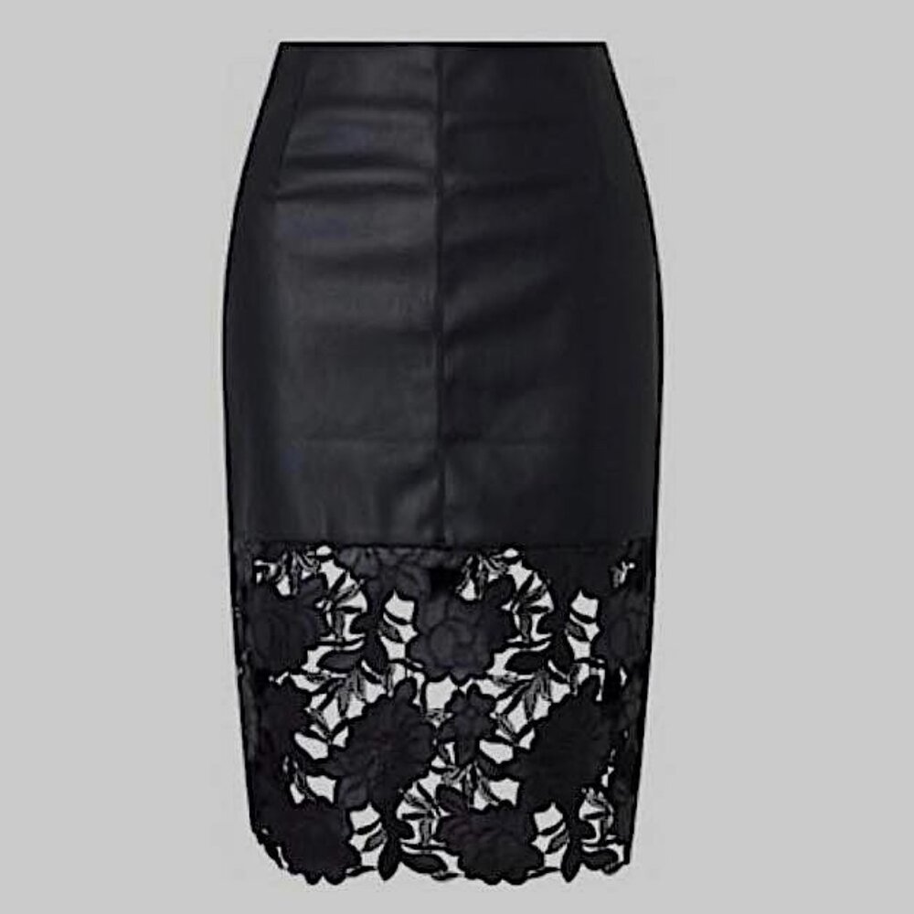 Beautiful Black Faux Leather Skirt Lace Cut out bottom - Picture 3 of 9